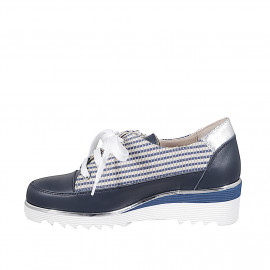 Chaussure pour femmes à lacets avec fermeture éclair en cuir bleu foncé, lamé argent et multicolore tissu avec talon compensé 4 - Pointures disponibles:  32, 33, 34, 35 2