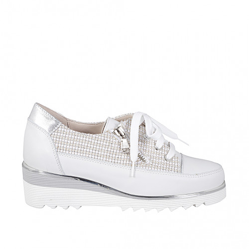 Woman's laced shoe with zipper in white, laminated silver leather, and multicolor fabric with wedge heel 4 - Available sizes:  32, 33, 34, 35