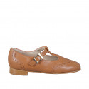 Woman's ballerina shoe with T-strap and wingtip in cognac leather heel 2 - Available sizes:  32, 33, 34, 35, 42, 43, 44, 45, 46