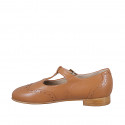 Ballerines pour femmes avec T-courroie et bout golf en cuir cognac talon 2 - Pointures disponibles:  32, 33, 34, 35, 42, 43, 44, 45, 46
