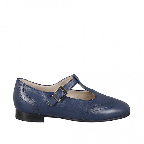 Ballerina accollata con cinturino stile Charleston e coda di rondine in pelle blu e tacco 2 - Misure disponibili: 32, 33, 34, 35, 42, 43, 44, 45, 46