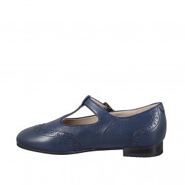 Ballerines pour femmes avec T-courroie et bout golf en cuir bleu foncé talon 2 - Pointures disponibles:  32, 33, 34, 35, 42, 43, 44, 45, 46 2