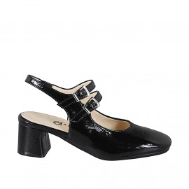 Woman's rounded-tip Slingback in Mary Jane style with double straps in black patent leather and heel 5 - Available sizes:  32, 33, 34, 35, 42, 43, 44, 45