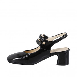 Slingback a punta tonda da donna stile Mary Jane con doppio cinturini in vernice nera e tacco 5 - Misure disponibili: 32, 33, 34, 35, 42, 43, 44, 45 2