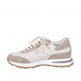 Zapatilla sneaker con cordones y plantilla removible para mujer en gamuza gris perla y tejido de panal y cuña 4 - Tallas disponibles:  42, 43, 44, 45, 46 2