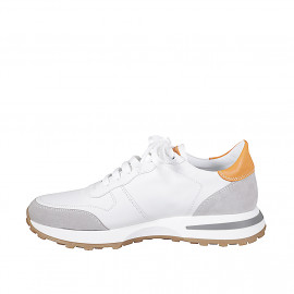 Woman's sneaker shoe with removable insole in white and orange leather and grey suede wedge heel 4 - Available sizes:  42, 43, 44, 45, 46 2