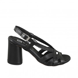 Sandalias para mujer con diseño de tiras en piel de color negro con tacón 7 - Tallas disponibles:  32, 33, 34, 35, 42, 43, 44, 45, 46
