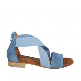 Scarpa aperta da donna con cerniera posteriore in camoscio azzurro e con fasce incrociate in elastico con tacco 2 - Misure disponibili: 33, 34, 35, 43, 44, 45, 46