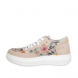 Woman's laced shoe with removable insole in beige suede and drawstring fabric with floral print wedge heel 4 - Available sizes:  32, 33, 34, 35, 42, 43, 44, 45, 46 2