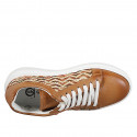 Chaussure à lacets pour femmes avec semelle amovible en cuir cognac et tissu en raphia tressé multicolore talon compensé 4 - Pointures disponibles:  32, 33, 34, 35, 42, 43, 44, 45, 46
