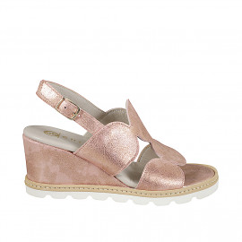 Woman's sandal with leather covered wedge and geometric design in laminated pearky pink leather with wedge heel 7 - Available sizes:  32, 33, 34, 35, 43, 44, 45, 46
