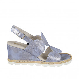 Woman's sandal with leather covered wedge and geometric design in laminated pearly light blue leather with wedge heel 7 - Available sizes:  32, 33, 34, 35, 42, 43, 44, 45, 46