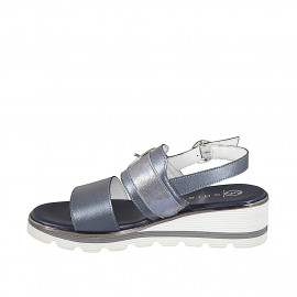 Woman's sandal with 2 bands and buckle in laminated blue leather, wedge heel 4 - Available sizes:  32, 33, 34, 35, 42, 43, 44, 45, 46 2