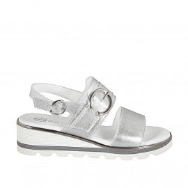 Woman's sandal with 2 bands and buckle in laminated silver leather, wedge heel 4 - Available sizes:  32, 33, 34, 42, 43, 44, 45, 46