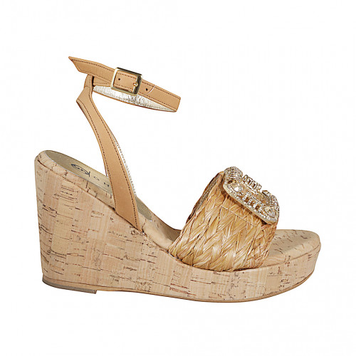 Woman's sandal in cognac raffia and...