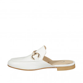 Woman's closed mules with golden accessory in ivory leather with heel 1 - Available sizes:  33, 34, 35, 42, 43, 44, 45, 46 2