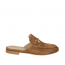 Woman's closed mules with golden accessory in icognac suede with heel 1 - Available sizes:  33, 34, 35, 42, 43, 44, 45, 46