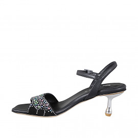 Sandalia para mujer en piel y gamuza color negro con pedrería de cristales, tacón 6. ¡Diseño refinado y de altísima calidad! - Tallas disponibles:  32, 34, 35, 42, 43, 44, 45, 46 2