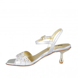 Sandales pour femmes en cuir lamé argent et satin avec strass du cristals, talon 6. Design raffiné et de très haute qualité! - Pointures disponibles:  32, 35, 42, 44, 45 2
