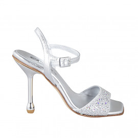 Woman's sandal in laminated silver leather with rhinestones, heel 10. Refined and top-quality design! - Available sizes:  32, 33, 35, 42, 43, 44, 45, 46, 47