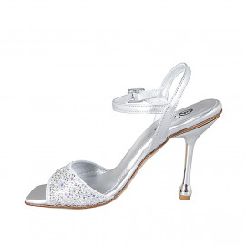 Woman's sandal in laminated silver leather with rhinestones, heel 10. Refined and top-quality design! - Available sizes:  32, 33, 35, 42, 43, 44, 45, 46, 47 2