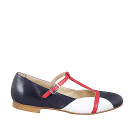 Ballerines pour femmes avec courroie en T en cuir bleu, blanc et rouge talon 1 - Pointures disponibles:  33, 34, 35, 43, 44, 45, 46