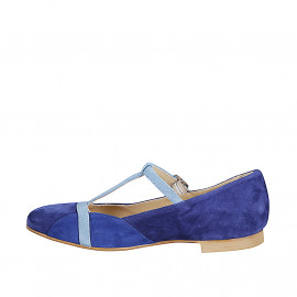 Ballerines pour femmes avec courroie en T en daim bleu, bleu électrique et bleu ciel talon 1 - Pointures disponibles:  33, 34, 35, 42, 43, 44, 45, 46 2