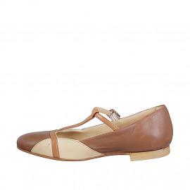 Ballerines pour femmes avec courroie en T en cuir marron, cognac et beige talon 1 - Pointures disponibles:  33, 35, 42, 43, 45 2