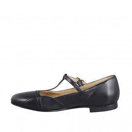 Ballerines pour femmes avec courroie en T en cuir noir talon 1 - Pointures disponibles:  33, 34, 35, 42, 43, 44 2