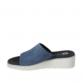 Woman's Mule with elastic in blue suede and wedge heel height 4 - Available sizes:  32, 33, 34, 35, 42, 43, 44, 45 2