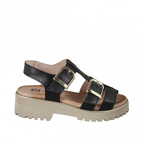 Woman's sandal with 2 adjustable buckles in black leather, treaded sole and heel 4 - Available sizes:  32, 33, 34, 42, 43, 44, 45, 46