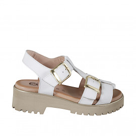 Sandale pour femmes avec 2 boucles réglables en cuir blanc, semelle crantée et talon 4 - Pointures disponibles:  32, 33, 34, 42, 43, 44, 45, 46