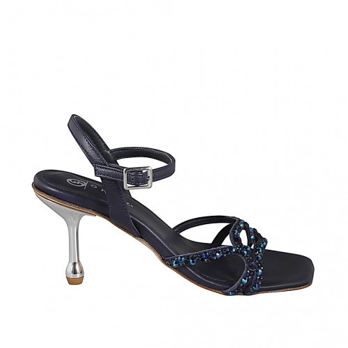 Sandalo da donna in pelle camoscio blu con strass di cristalli blu, tacco 8. Design raffinato e di altissima qualità! - Misure disponibili: 32, 33, 34, 35, 42, 43, 44, 45, 46, 47