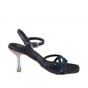 Woman's sandal in dark blue suede with blue rhinestones, heel 8. Refined and top-quality design! - Available sizes:  32, 33, 34, 35, 42, 43, 44, 45, 46, 47