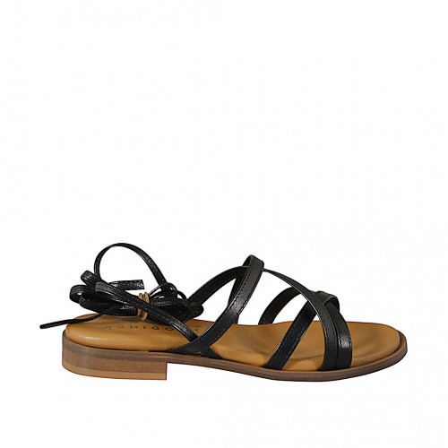 Sandalo da donna con listini incrociati e lacci a schiava in pelle nera con tacco 2 - Misure disponibili: 32, 33, 34, 42, 43, 44, 45, 46