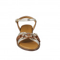 Women's sandal with rhinestone accessory, in cognac and platinum leather with heel 2 - Available sizes:  32, 33, 34, 42, 43, 44, 45, 46