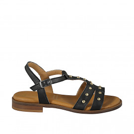Sandales pour femmes avec courroie à T, en cuir noir avec goujons dorés et talon 2 - Pointures disponibles:  32, 33, 34, 42, 43, 44, 45, 46