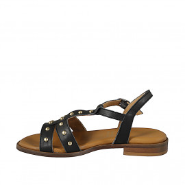 Women's sandal with T-strap, in black leather with golden studs and heel 2 - Available sizes:  32, 33, 34, 42, 43, 44, 45, 46 2