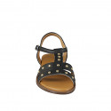 Women's sandal with T-strap, in black leather with golden studs and heel 2 - Available sizes:  32, 33, 34, 42, 43, 44, 45, 46