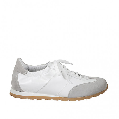 Chaussure baskets pour femmes avec semelle amovible en cuir blanc et daim gris et talon compensé 2 - Pointures disponibles:  42, 43, 44, 45, 46