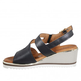 Sandales pour femmes avec bande traversière en cuir noir et élastique, talon compensé 6 - Pointures disponibles:  32, 33, 34, 35, 42, 43, 44, 45 2