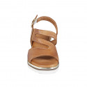 Sandales pour femmes avec bande traversière en cuir cognac et élastique, talon compensé 6 - Pointures disponibles:  32, 33, 34, 35, 42, 43, 44, 45