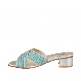 Woman's mules with crossed straps in turquoise fabric with platinum inserts and beads, heel 4 - Available sizes:  42, 43, 44, 46 2