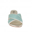 Mule pour femmes avec bandes croisées en tissu turquoise avec insertions et perles platine, talon 4 - Pointures disponibles:  42, 43, 44, 46