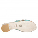 Woman's mules with crossed straps in turquoise fabric with platinum inserts and beads, heel 4 - Available sizes:  42, 43, 44, 46