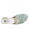 Sabot da donna con fasce incrociate in tessuto turchese con inserti e perline platino, tacco 4 - Misure disponibili: 42, 43, 44, 46