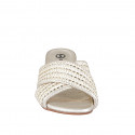 Woman's mules  with crossed straps in white fabric with platinum inserts and beads, heel 4 - Available sizes:  32, 34, 35, 42, 43, 44, 46
