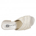 Woman's mules  with crossed straps in white fabric with platinum inserts and beads, heel 4 - Available sizes:  32, 34, 35, 42, 43, 44, 46