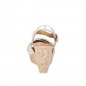 Women's sandal in white leather and white fabric with small inserts in platinum and beads, wedge heel 9 - Available sizes:  35