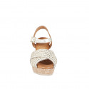 Women's sandal in white leather and white fabric with small inserts in platinum and beads, wedge heel 9 - Available sizes:  35